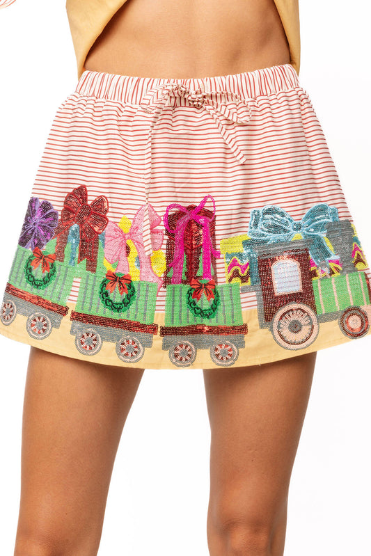 Queen of Sparkles Red Striped Christmas Train Cotton Skirt