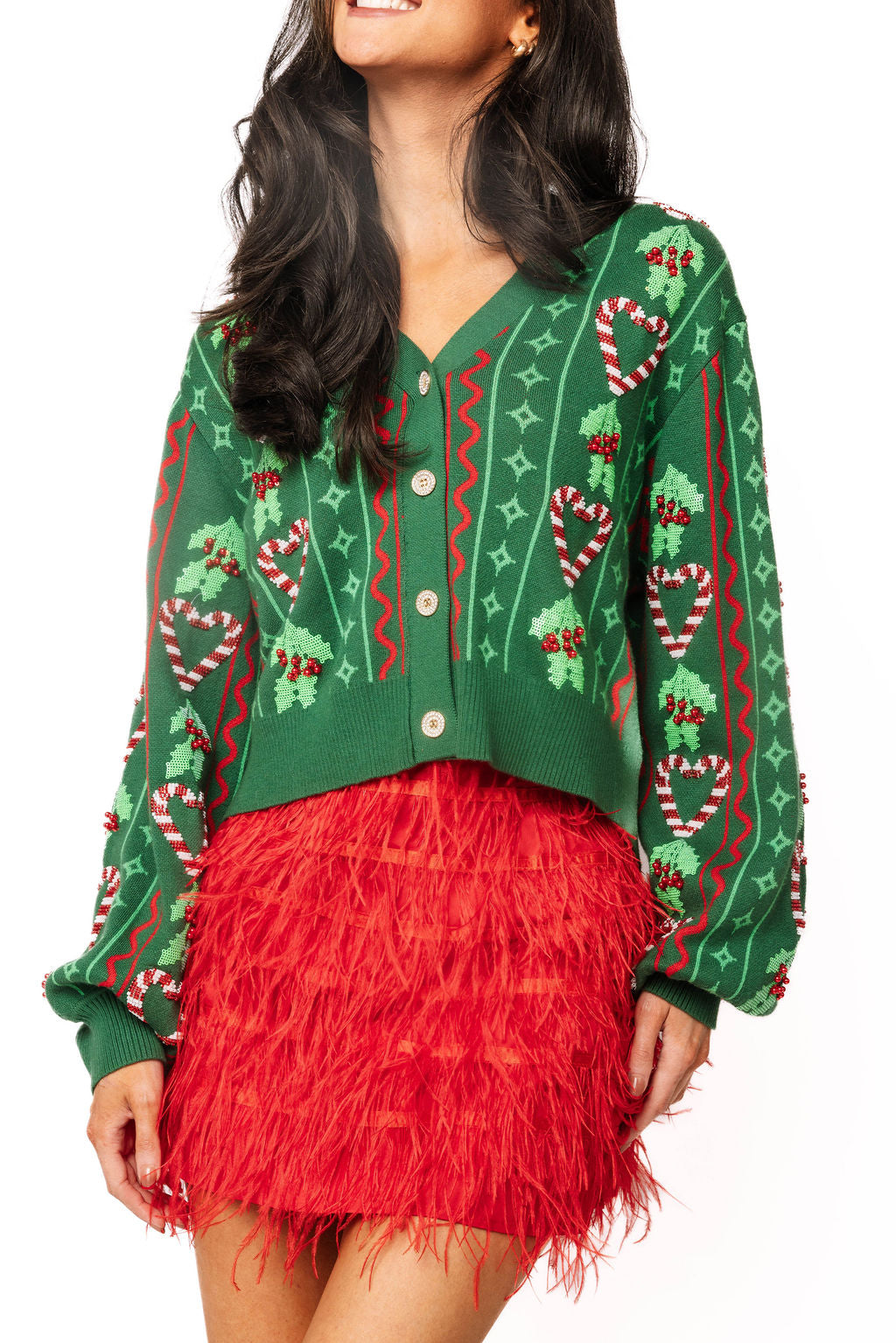 Queen of Sparkles Green 3D Holly & Peppermint Cardigan