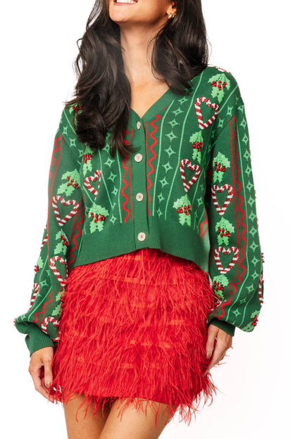 Queen of Sparkles Green 3D Holly & Peppermint Cardigan