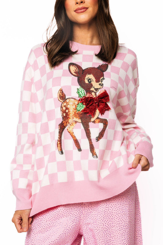 Queen of Sparkles Pink & White Checkered Reindeer Sweater
