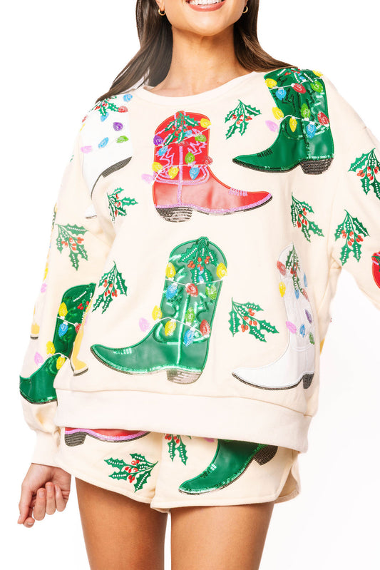Queen of Sparkles Beige Multi Christmas Cowboy Boots Sweatshirt