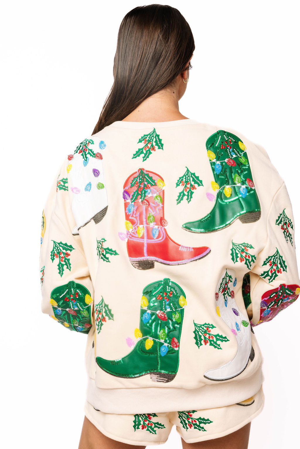 Queen of Sparkles Beige Multi Christmas Cowboy Boots Sweatshirt