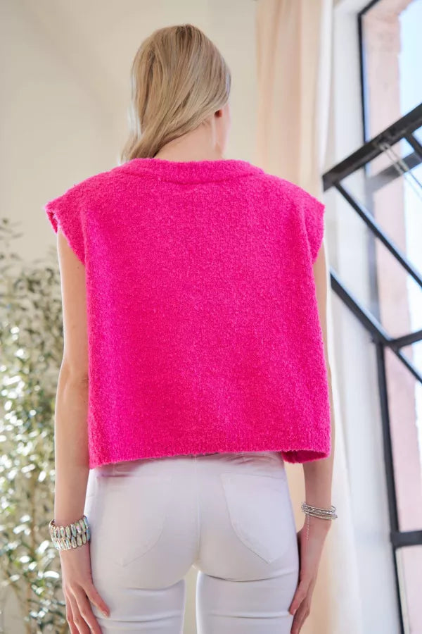 Pink Solid Round Neck Sleeveless Knit Sweater