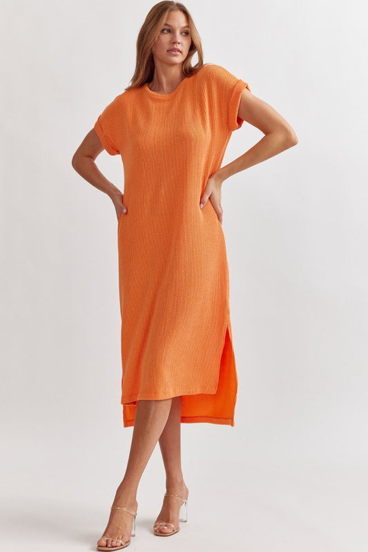 Orange Ribbed Short Sleeve Midi Dress