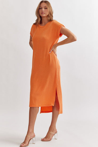 Orange Ribbed Short Sleeve Midi Dress