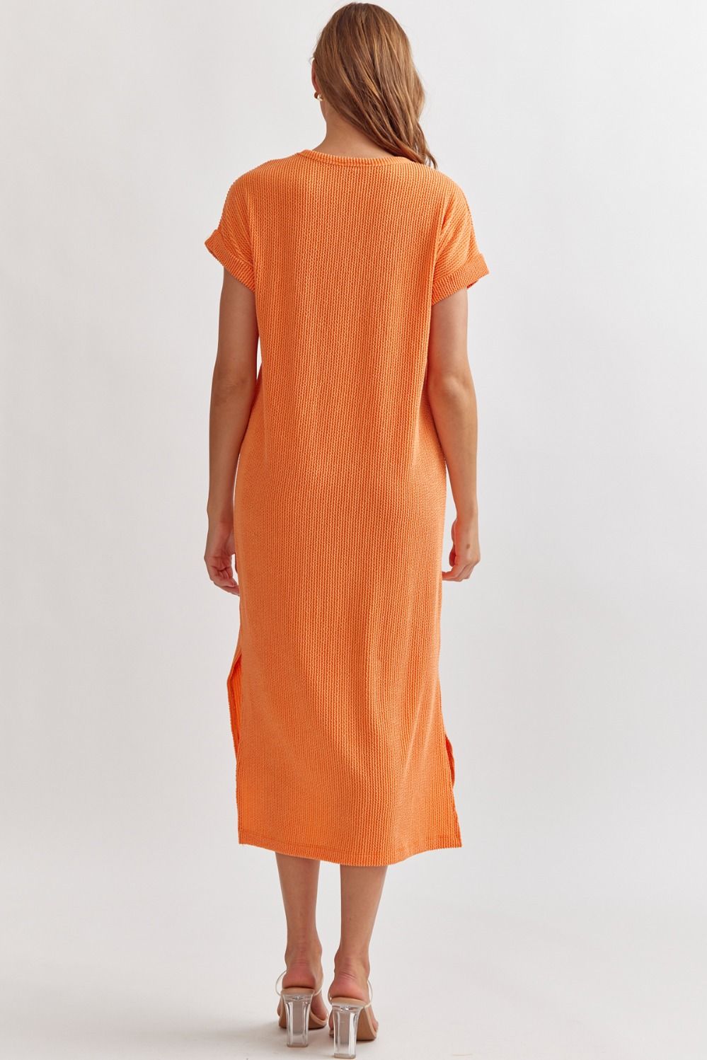 Orange Ribbed Short Sleeve Midi Dress