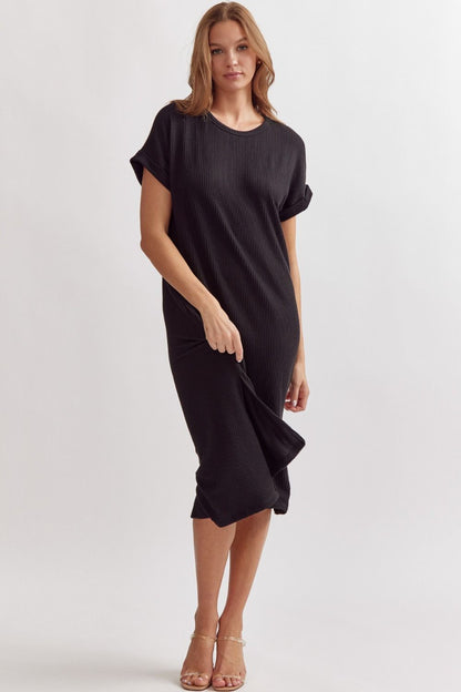 Black Ribbed Short Sleeve Midi Dress