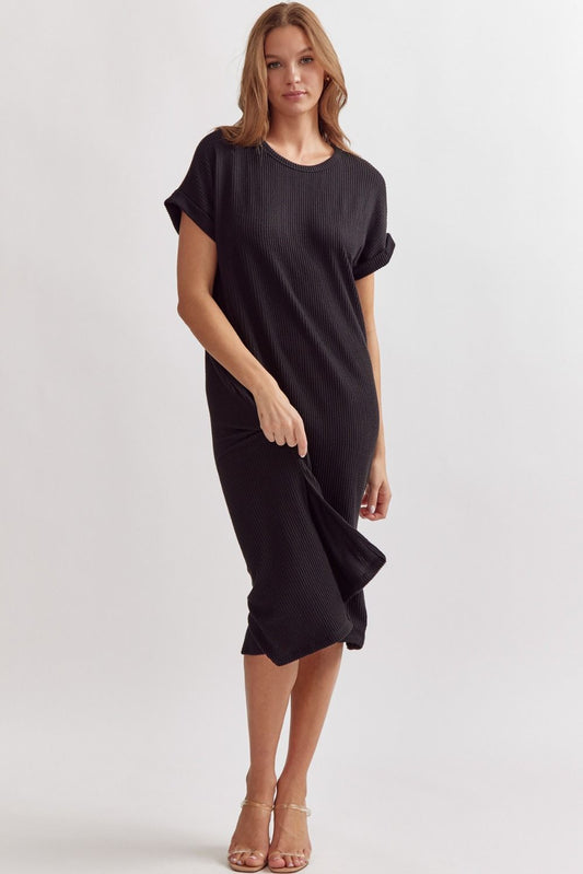 Black Ribbed Short Sleeve Midi Dress