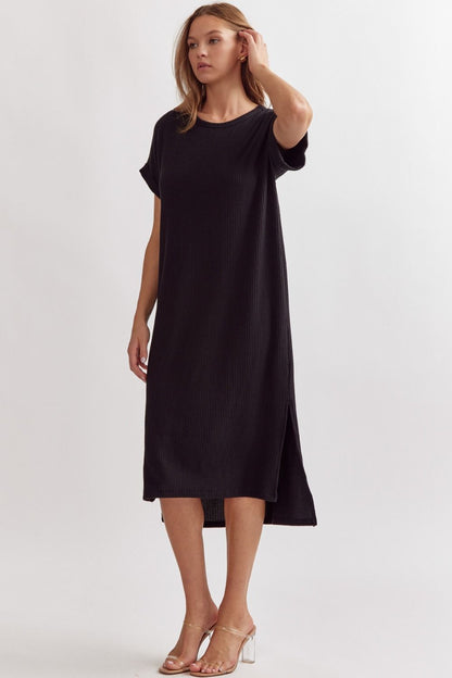 Black Ribbed Short Sleeve Midi Dress