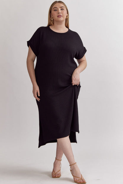 Black Ribbed Short Sleeve Midi Dress