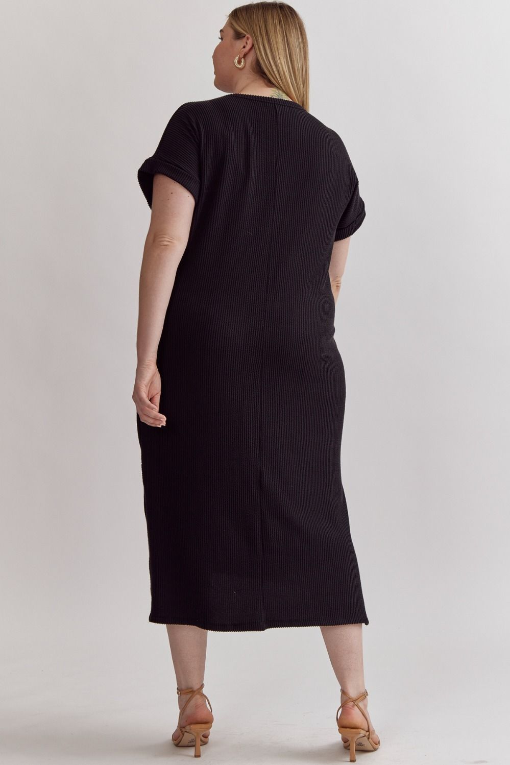 Black Ribbed Short Sleeve Midi Dress