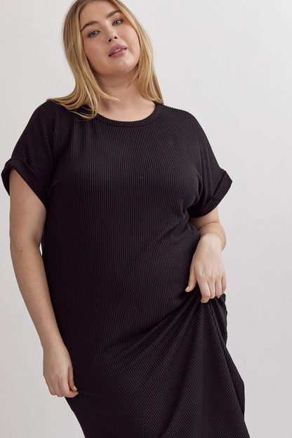 Black Ribbed Short Sleeve Midi Dress