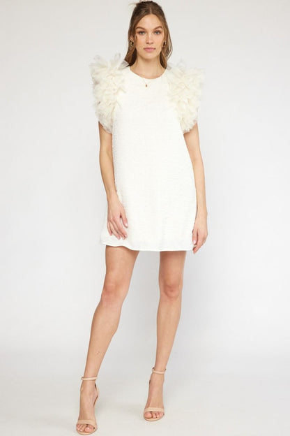 Cream Tulle Sleeve Textured Dress