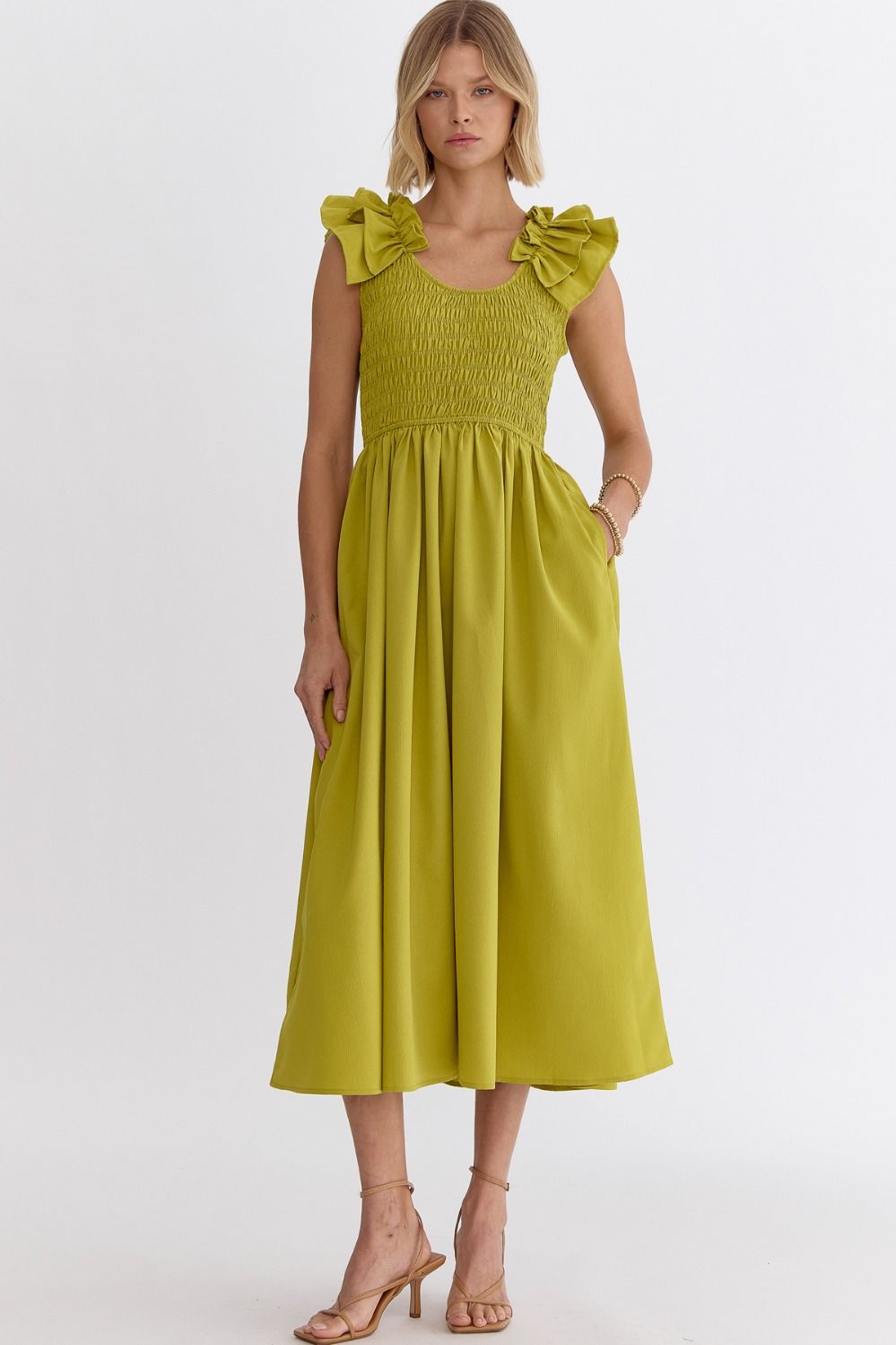 Chartreuse Sleeveless Smocked Midi Dress