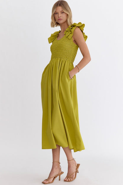 Chartreuse Sleeveless Smocked Midi Dress