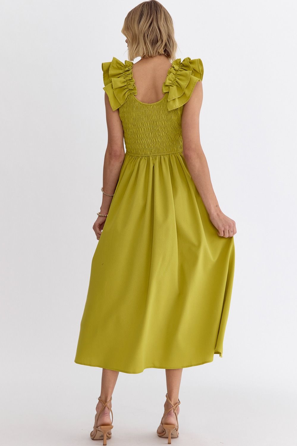 Chartreuse Sleeveless Smocked Midi Dress