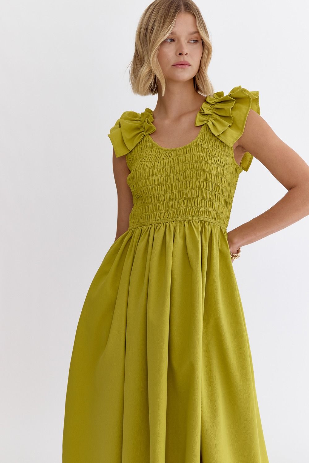 Chartreuse Sleeveless Smocked Midi Dress