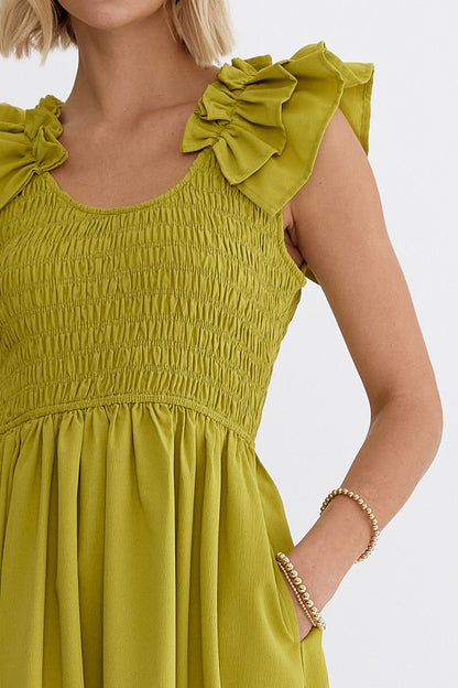 Chartreuse Sleeveless Smocked Midi Dress