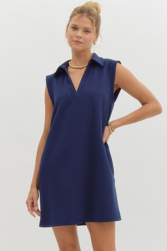 Textured Solid Navy V Neck Dress