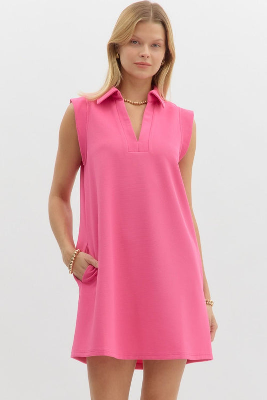 Textured Solid Pink V Neck Dress