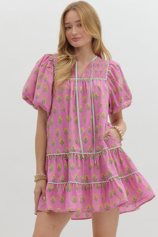 Floral Print Split Neck Dress