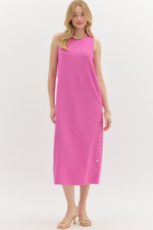 Solid Rib Textured Hot Pink Midi Dress