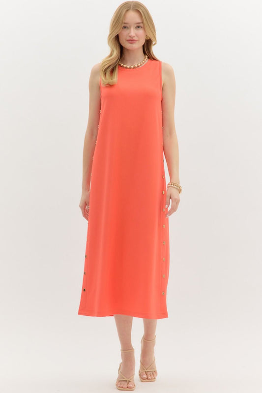 Solid Rib Textured Orange Red Midi Dress