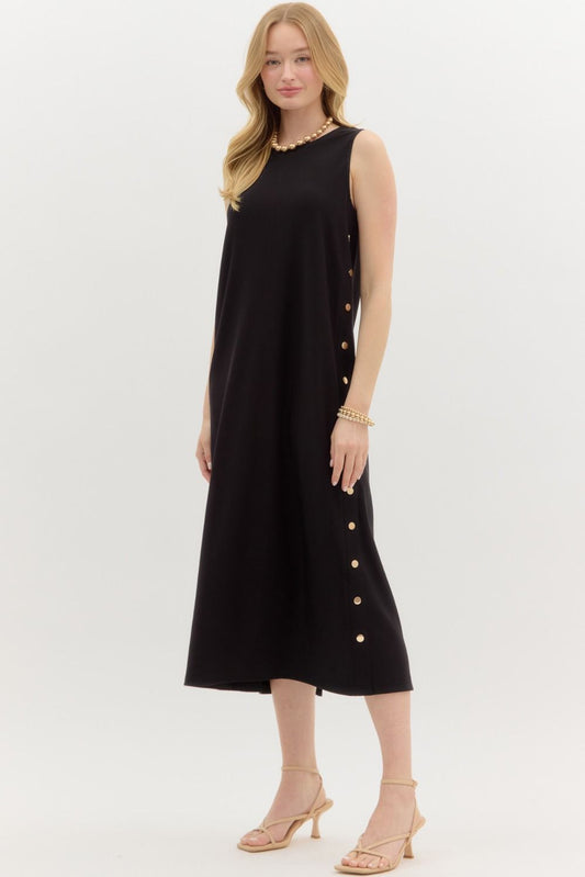 Solid Rib Textured Black Midi Dress