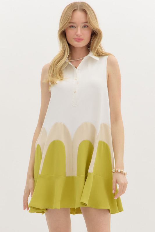 Green Collared Colorblock Arch Dress