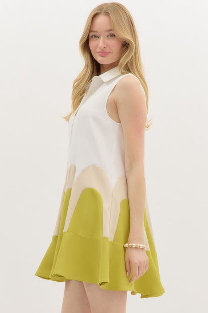 Green Collared Colorblock Arch Dress