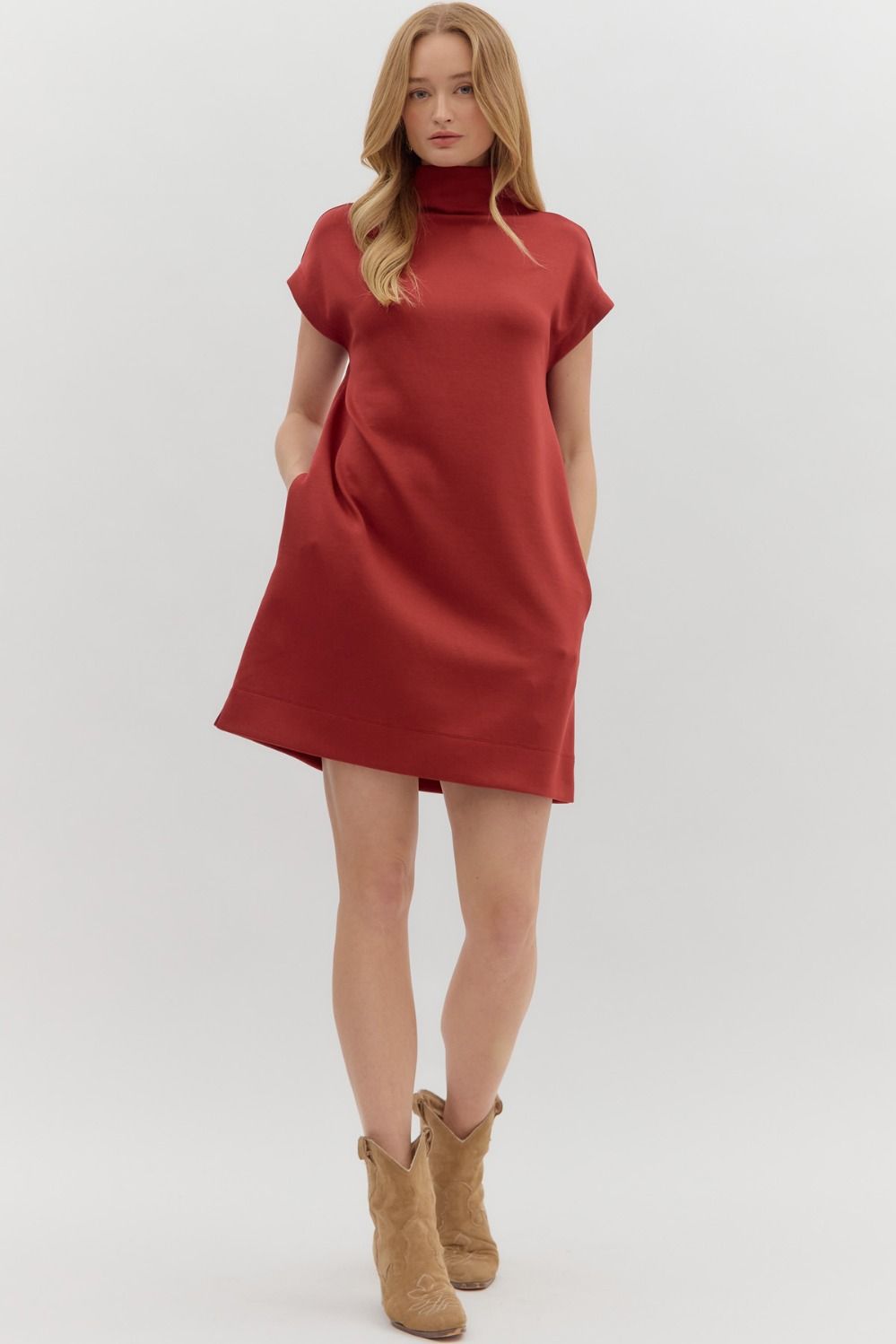 Brick Solid Jersey Mock Neck Pullover Dress