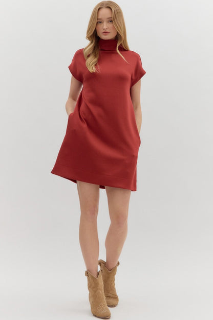 Brick Solid Jersey Mock Neck Pullover Dress