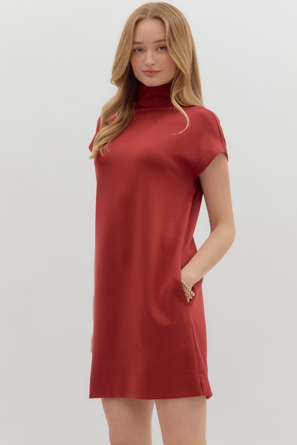 Brick Solid Jersey Mock Neck Pullover Dress