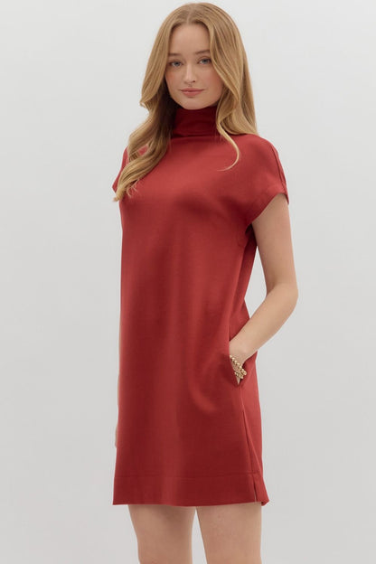 Brick Solid Jersey Mock Neck Pullover Dress