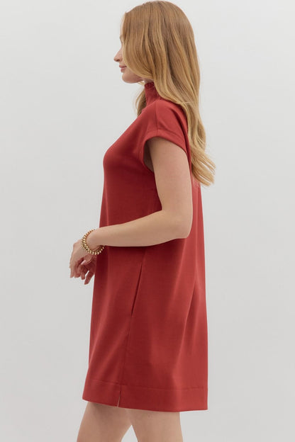 Brick Solid Jersey Mock Neck Pullover Dress