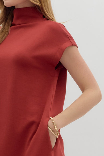 Brick Solid Jersey Mock Neck Pullover Dress