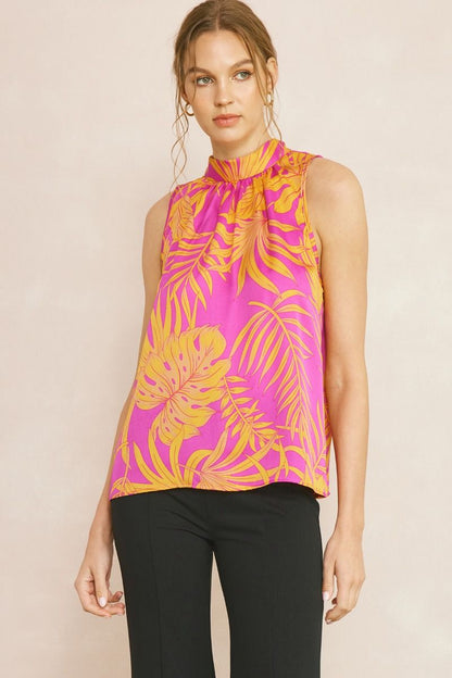 Tropical Leaf Print Halter Top