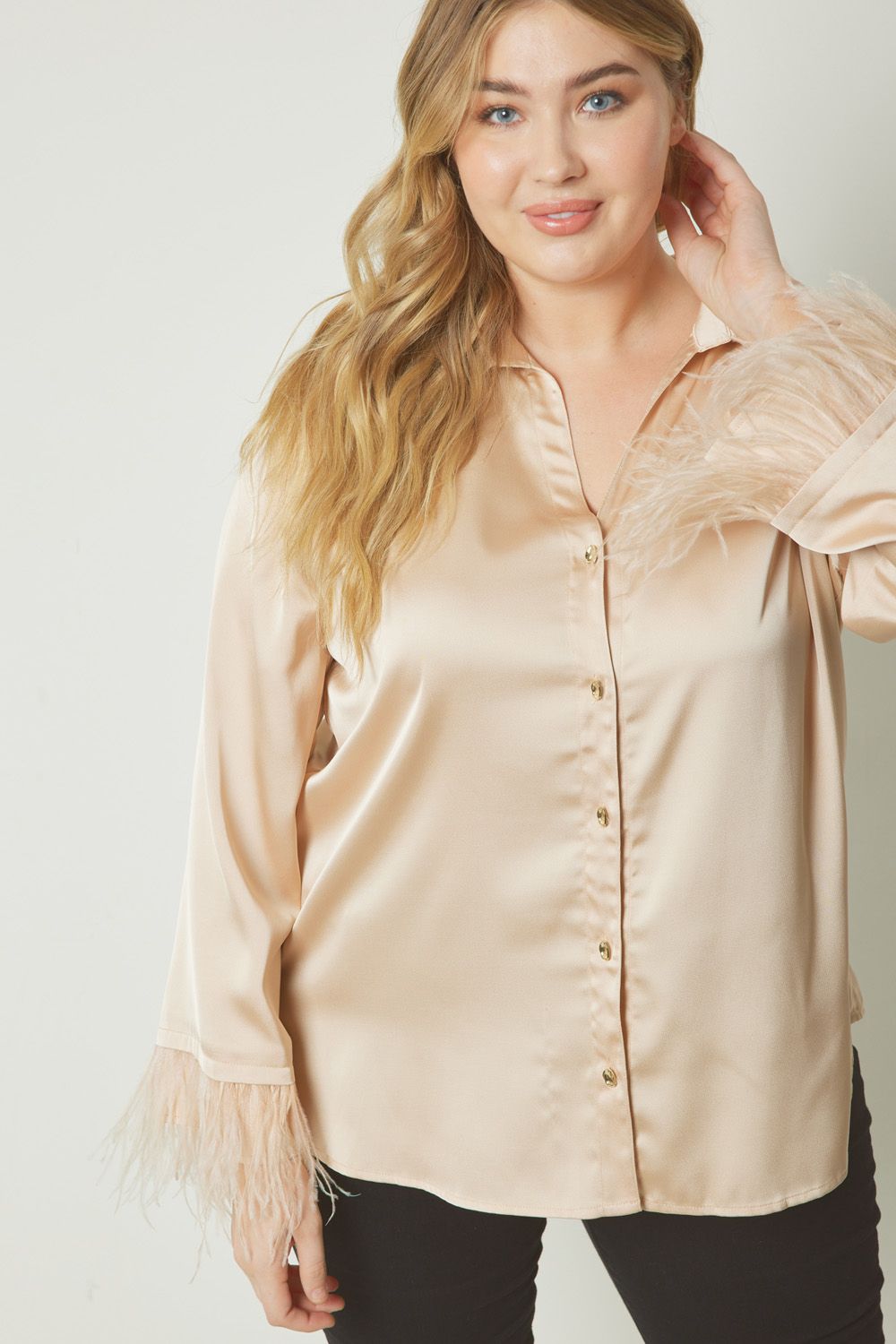 Champagne Feather Sleeve Button Down