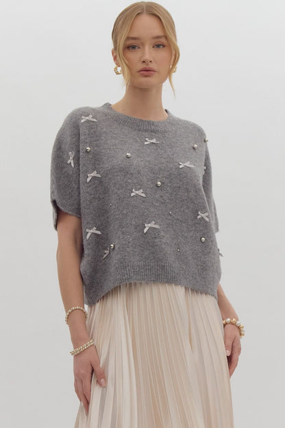 Charcoal Bead and Bow Knit top