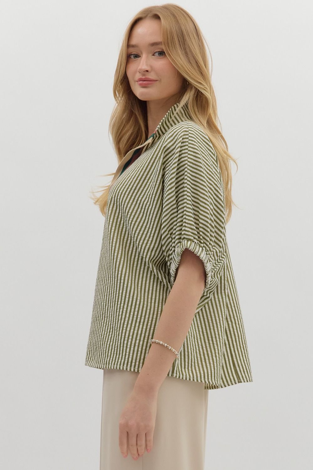 Olive Striped Dolman Sleeve Pullover Top