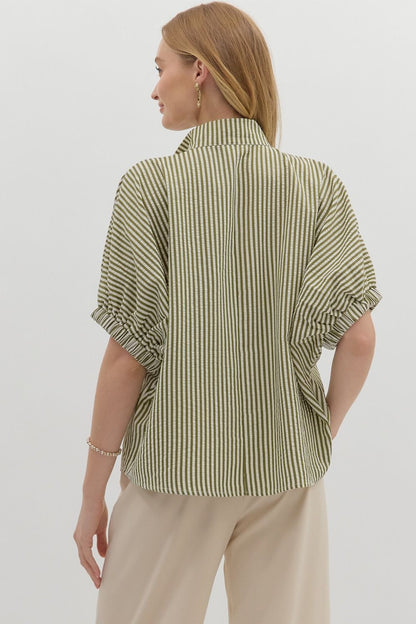 Olive Striped Dolman Sleeve Pullover Top