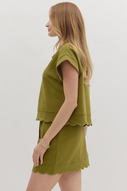 Olive Scalloped Pullover Top
