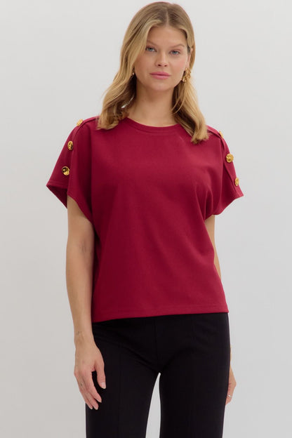 Cherry Crew Neck Gold Button Pullover Blouse