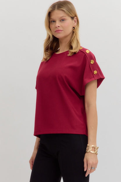 Cherry Crew Neck Gold Button Pullover Blouse