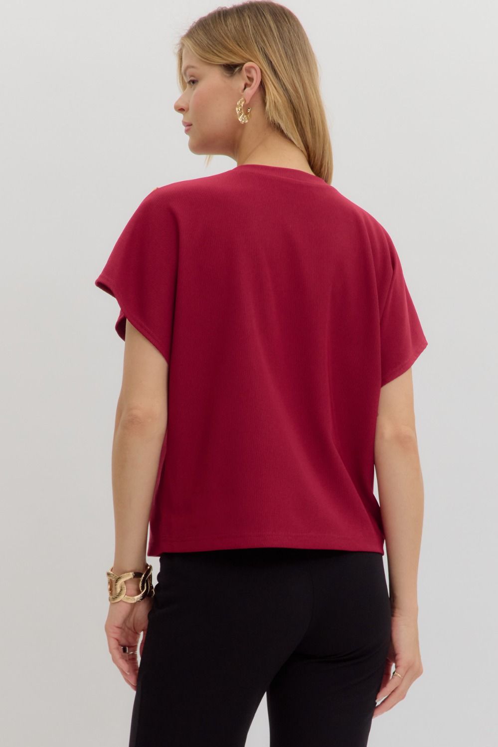 Cherry Crew Neck Gold Button Pullover Blouse