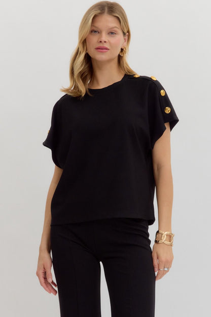 Black Crew Neck Gold Button Pullover Blouse