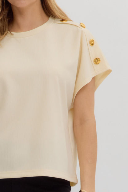 Ecru Crew Neck Gold Button Pullover Blouse