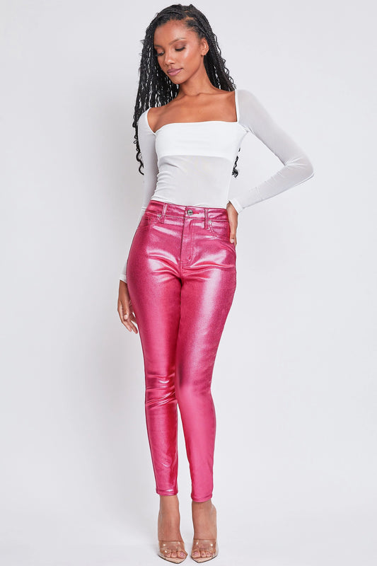 Pink High Rise Skinny Leg Metallic Pants