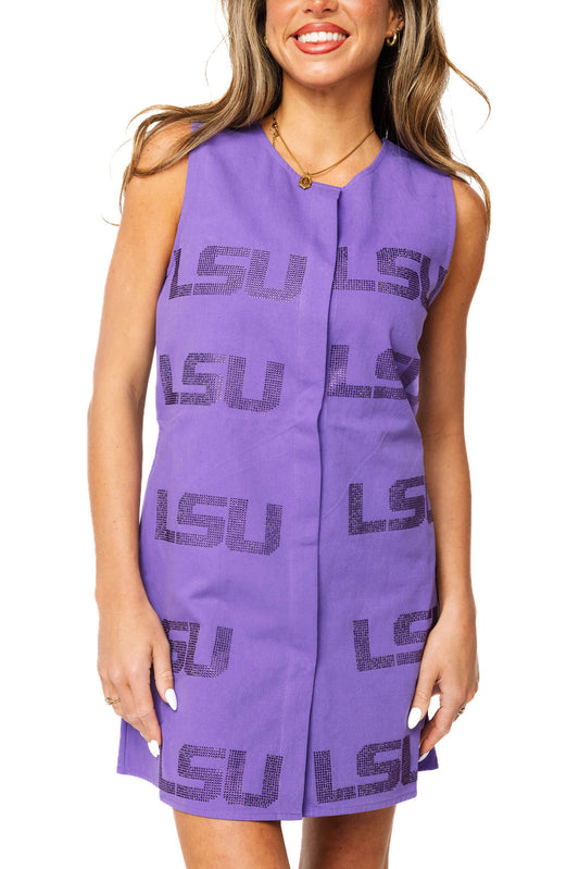 Queen of Sparkles Licensed LSU Tonal Rhinestone Scattered Abbreviation Tank Dress