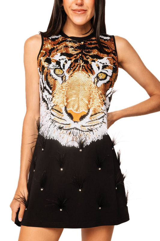 Queen of Sparkles Black Sequin Tiger Face Rhinestone Feather Tank Dress